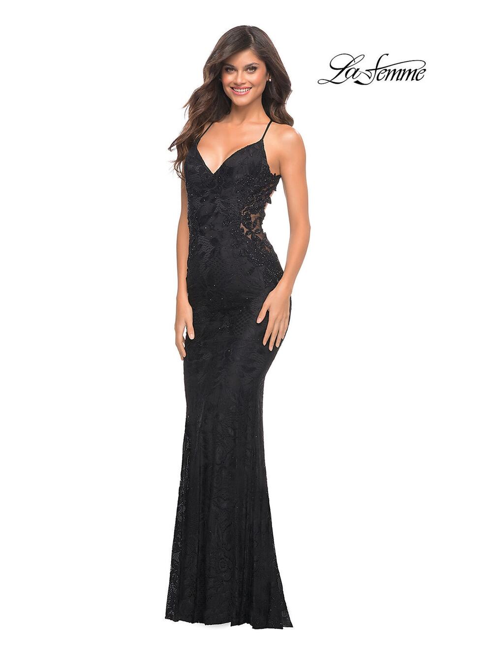 La Femme Black Lace Backless Prom Dress with Illusion Embellished Sides Size 0
